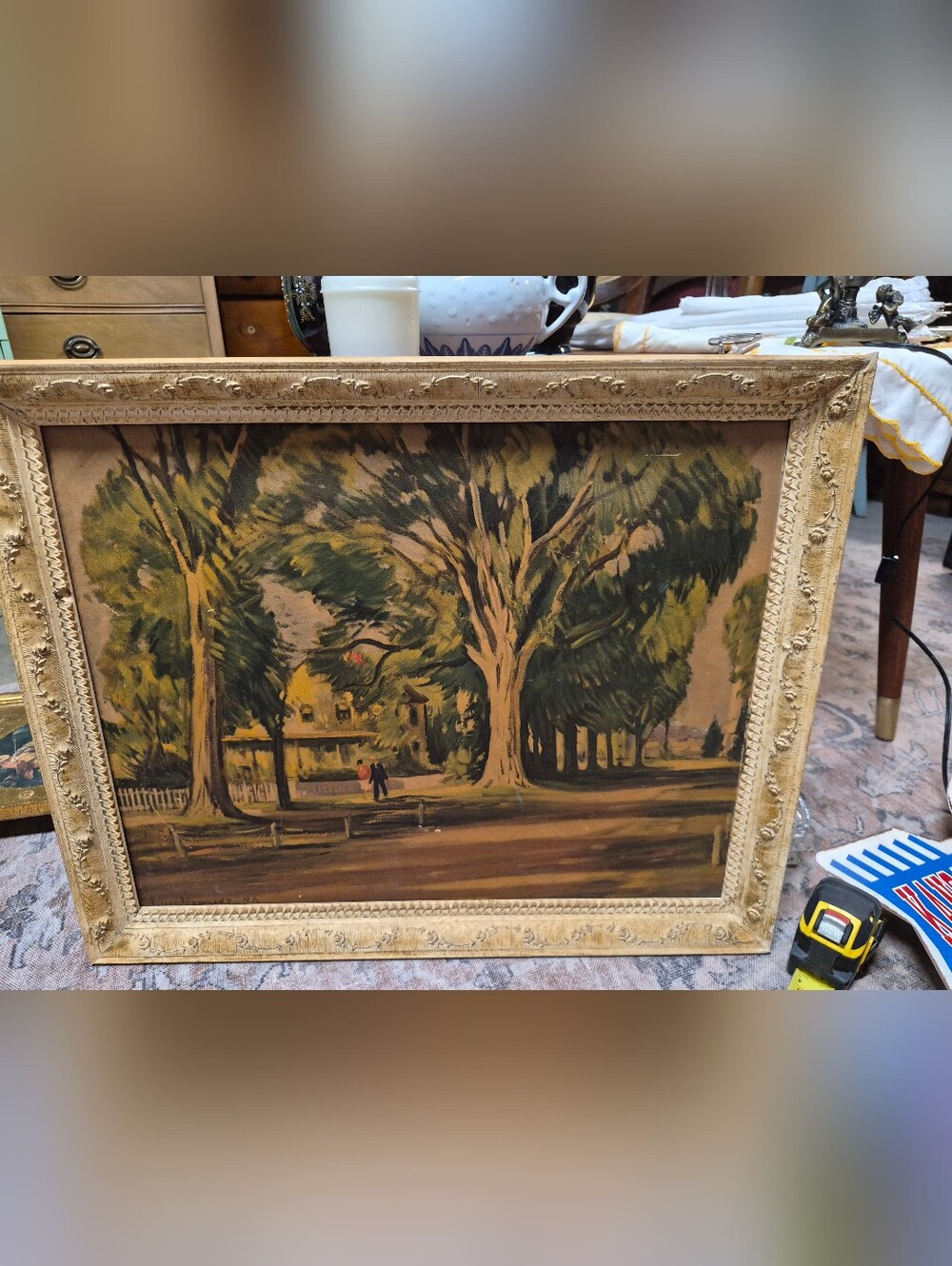 Framed Vintage Landscape Painting with Large Tree in Green and Brown